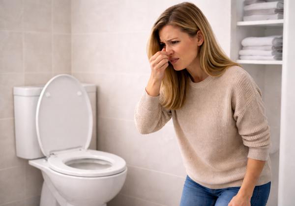 Woman in bathroom holding her nose because it smells
