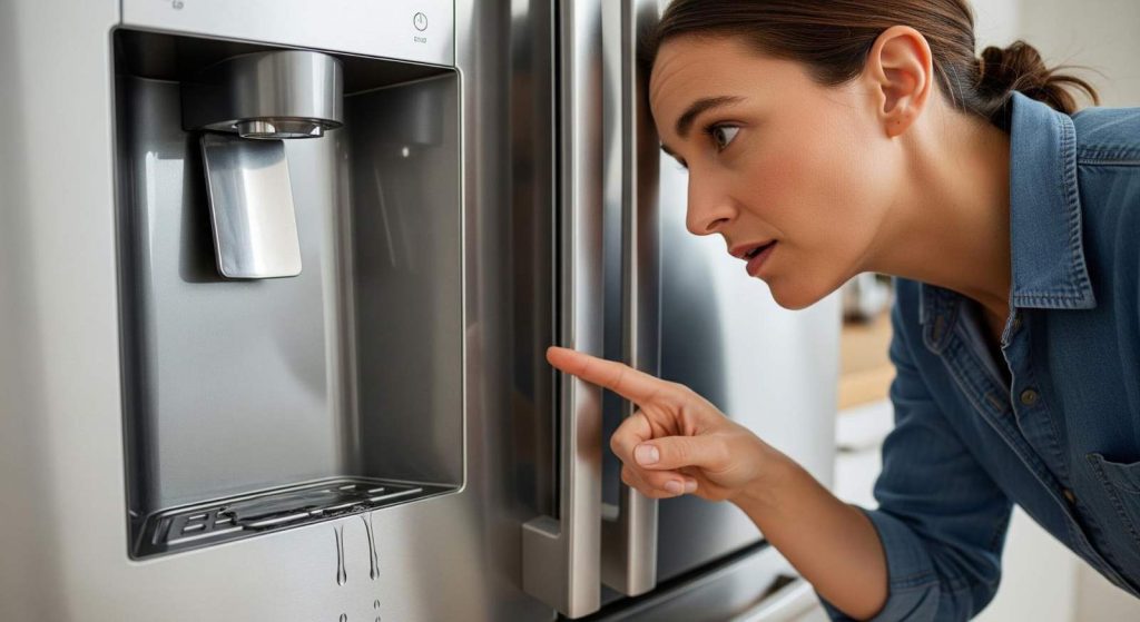 Woman inspecting fridge and pointing at it