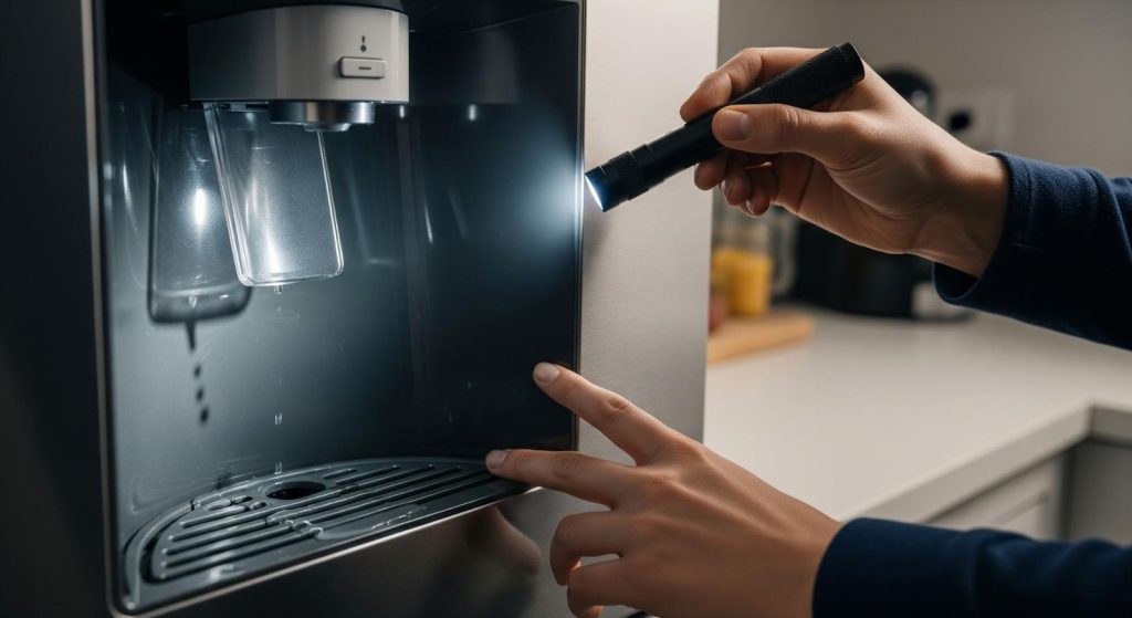 Inspecting broken fridge water dispender with a torch