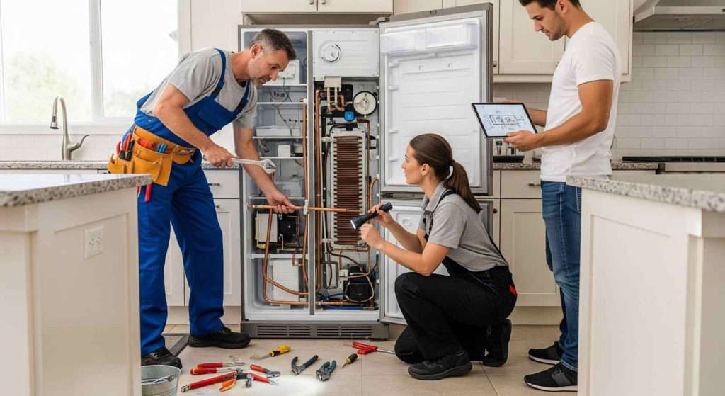 Plumbers huddle around fridge and fixing it